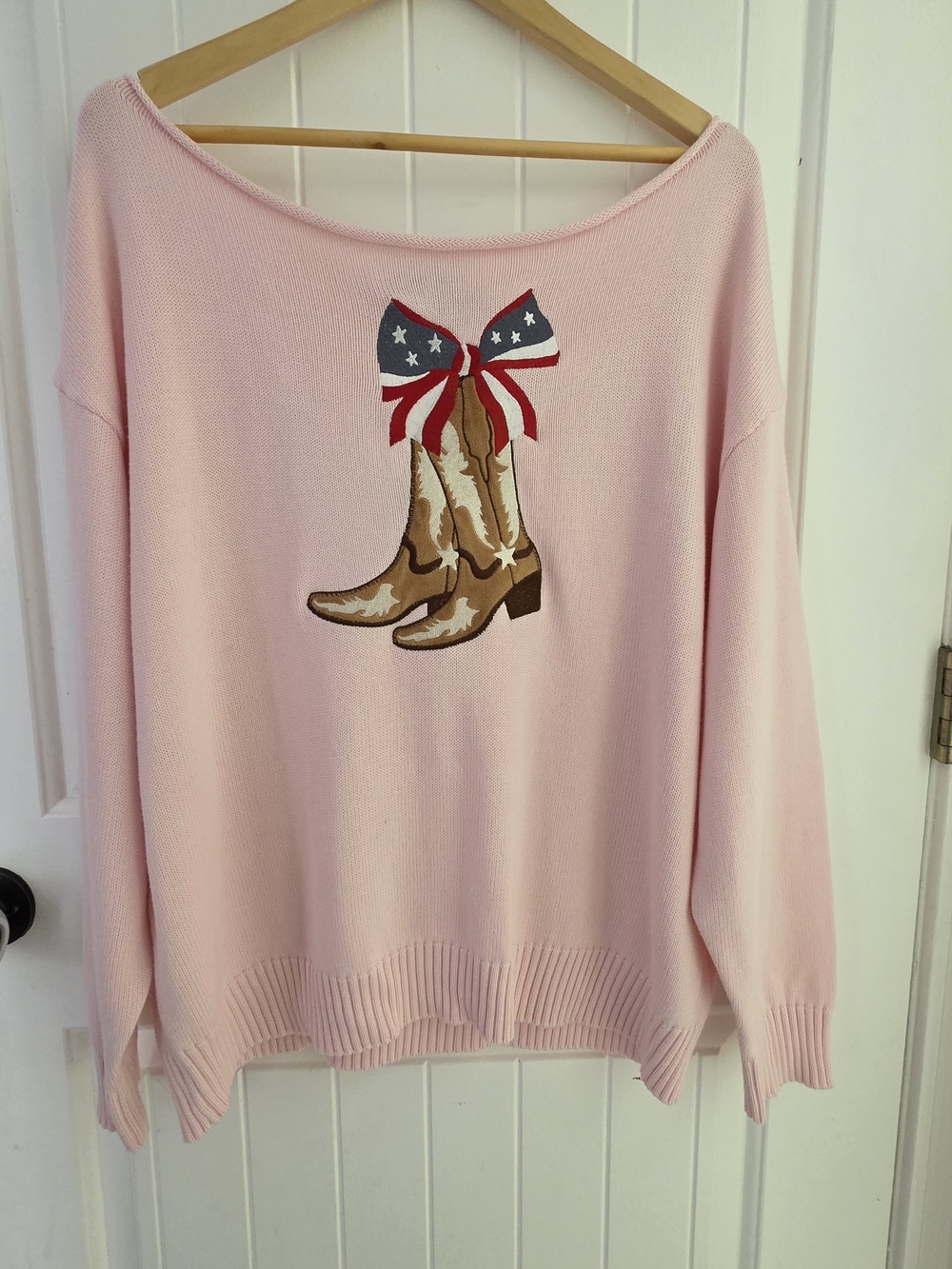 Pink Women's Sweater with Cowboy Boot & Bow Motif